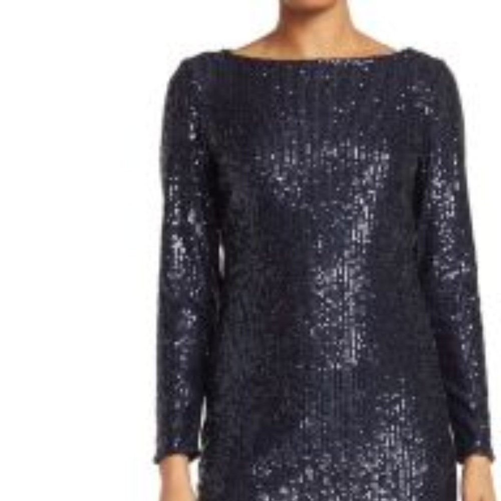 NWT Marina Navy Boatneck Long Sleeve Sequin Dress